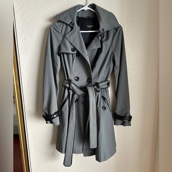 BEBE Trench Coat Gray w/ black accents corset back super stylish and cute